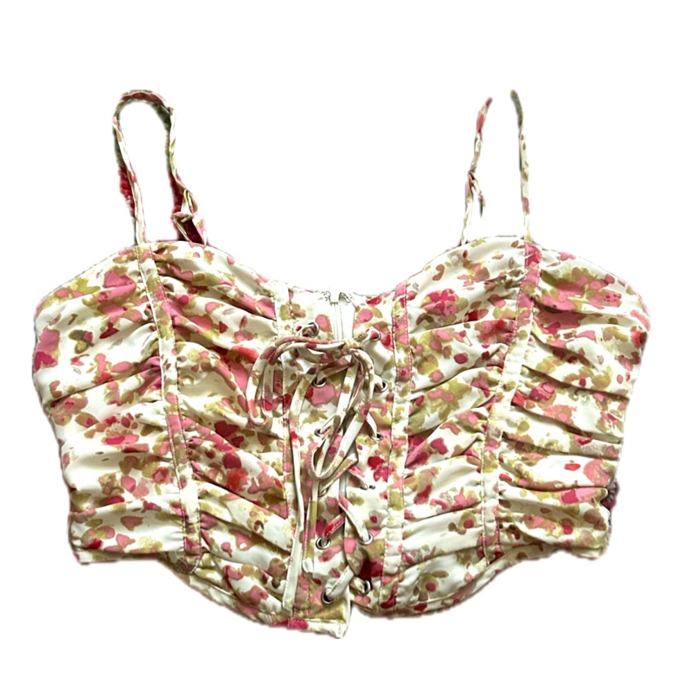 Lulus Mastered Elegance Ivory floral Print Lace-up Cami Top. Size M - Picture 3 of 9